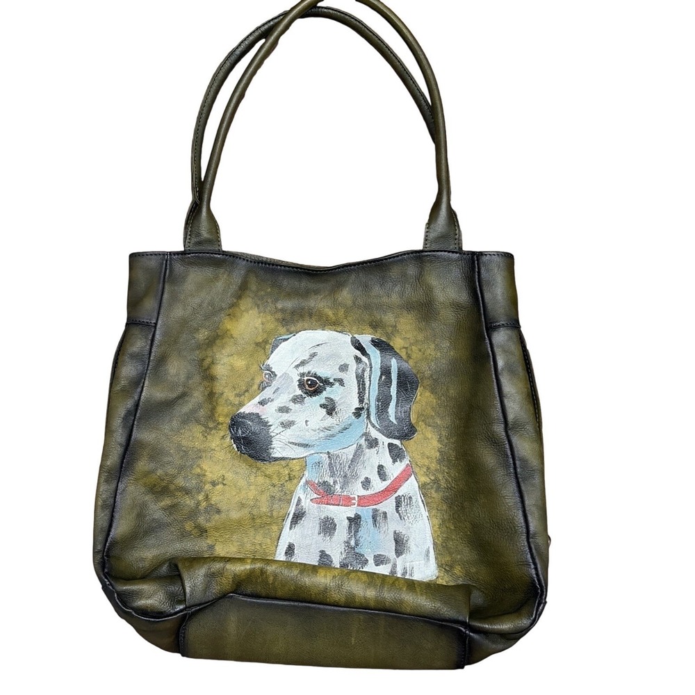 LRTO Leather Tote Bag Hand Painted Dalmatian Dog Olive Green Large Art Bag